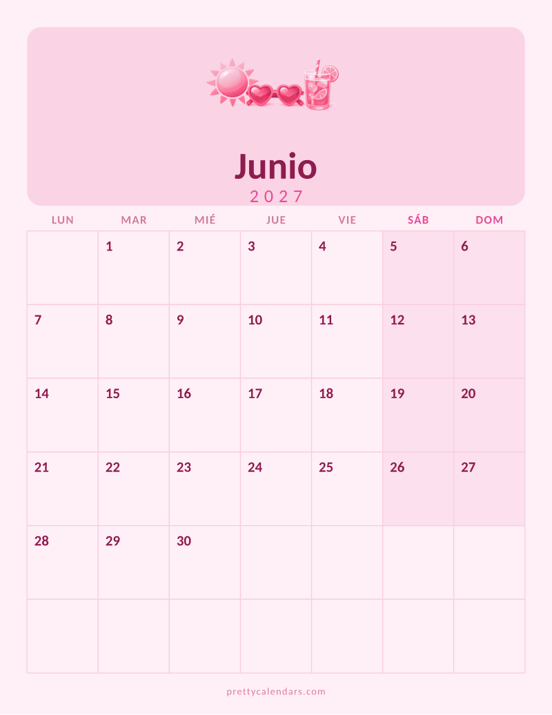 Calendario de Junio 2027 para imprimir, estilo Rosa