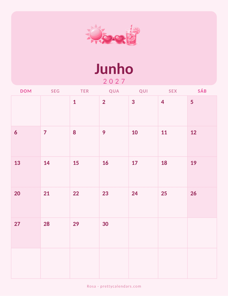 Calendário de Junho de 2027 para imprimir, estilo Rosa