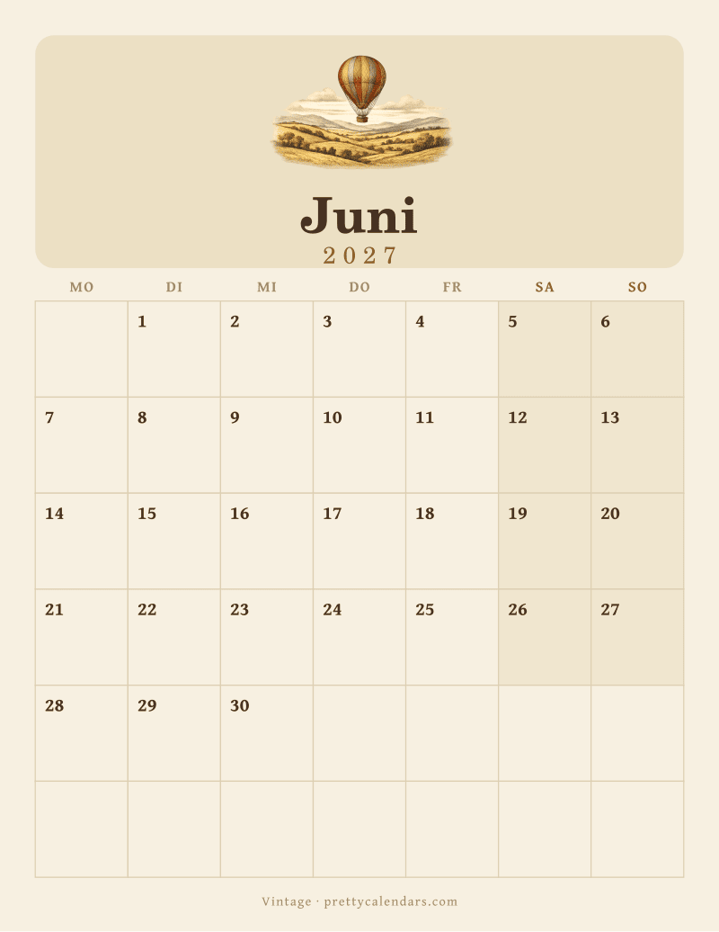 Druckbarer Kalender Juni 2027, Design Vintage