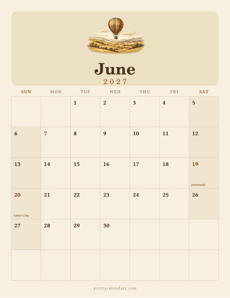 June 2027 printable calendar, Vintage style