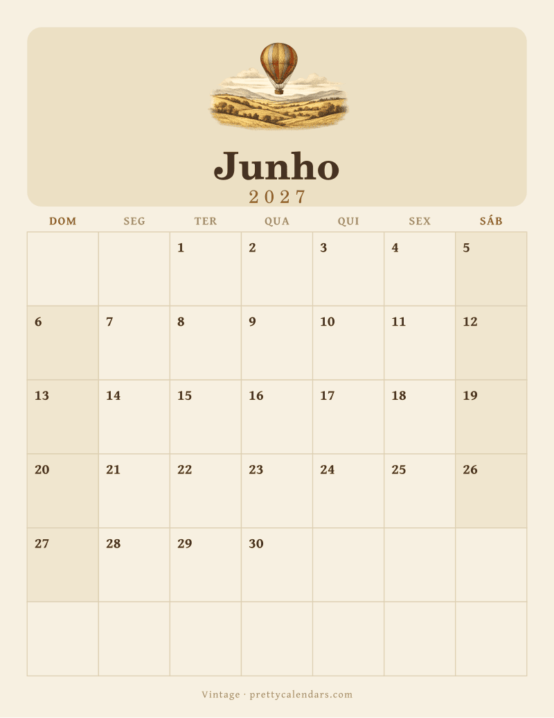 Calendário de Junho de 2027 para imprimir, estilo Vintage