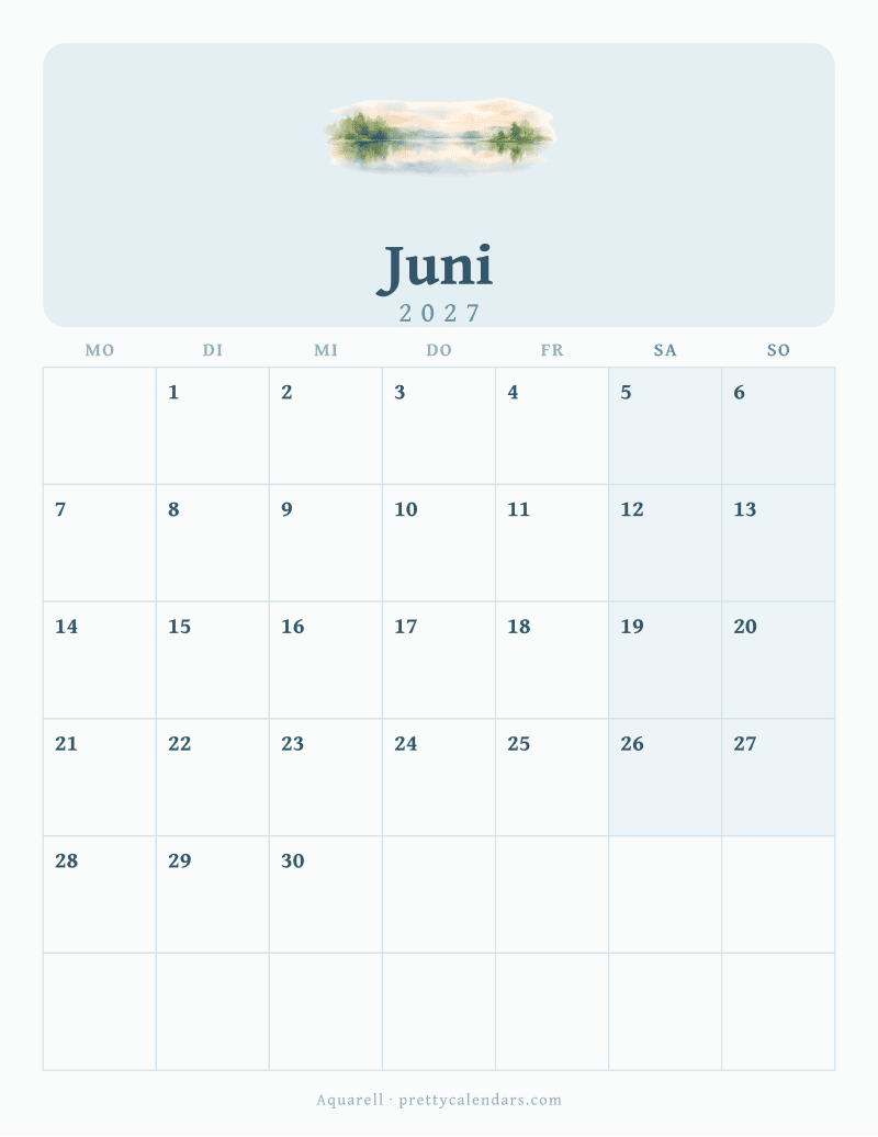 Druckbarer Kalender Juni 2027, Design Aquarell