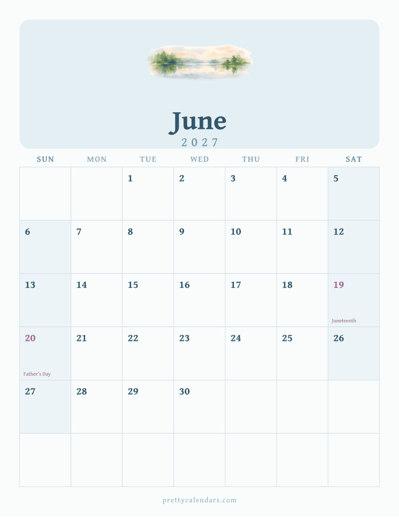 June 2027 printable calendar, Watercolor style