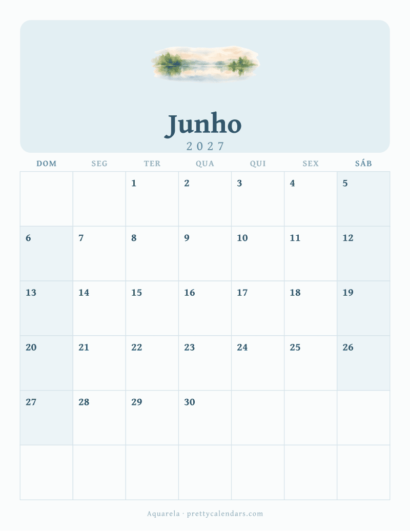 Calendário de Junho de 2027 para imprimir, estilo Aquarela