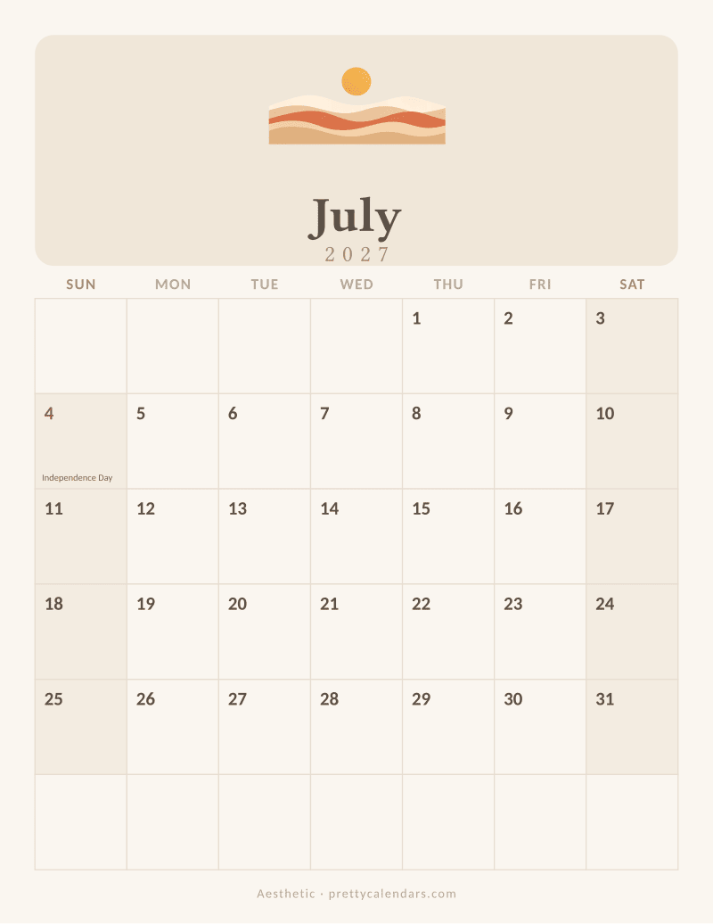 July 2027 printable calendar, Aesthetic style