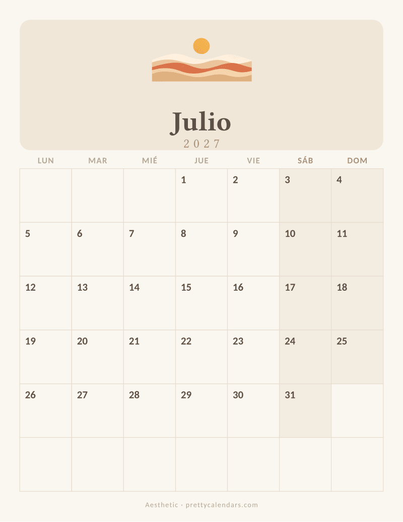 Calendario de Julio 2027 para imprimir, estilo Aesthetic