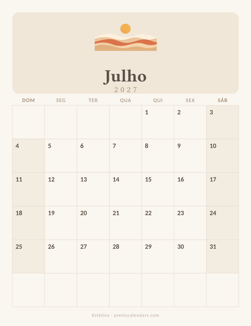 Calendário de Julho de 2027 para imprimir, estilo Estético