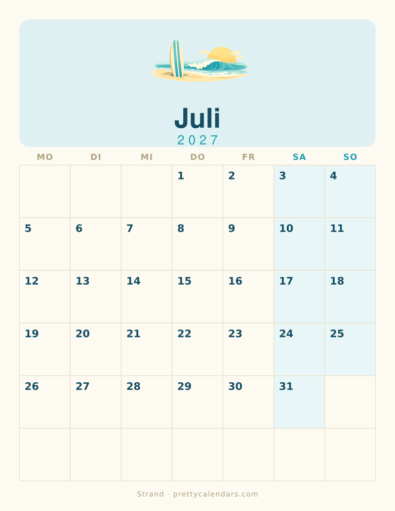 Druckbarer Kalender Juli 2027, Design Strand