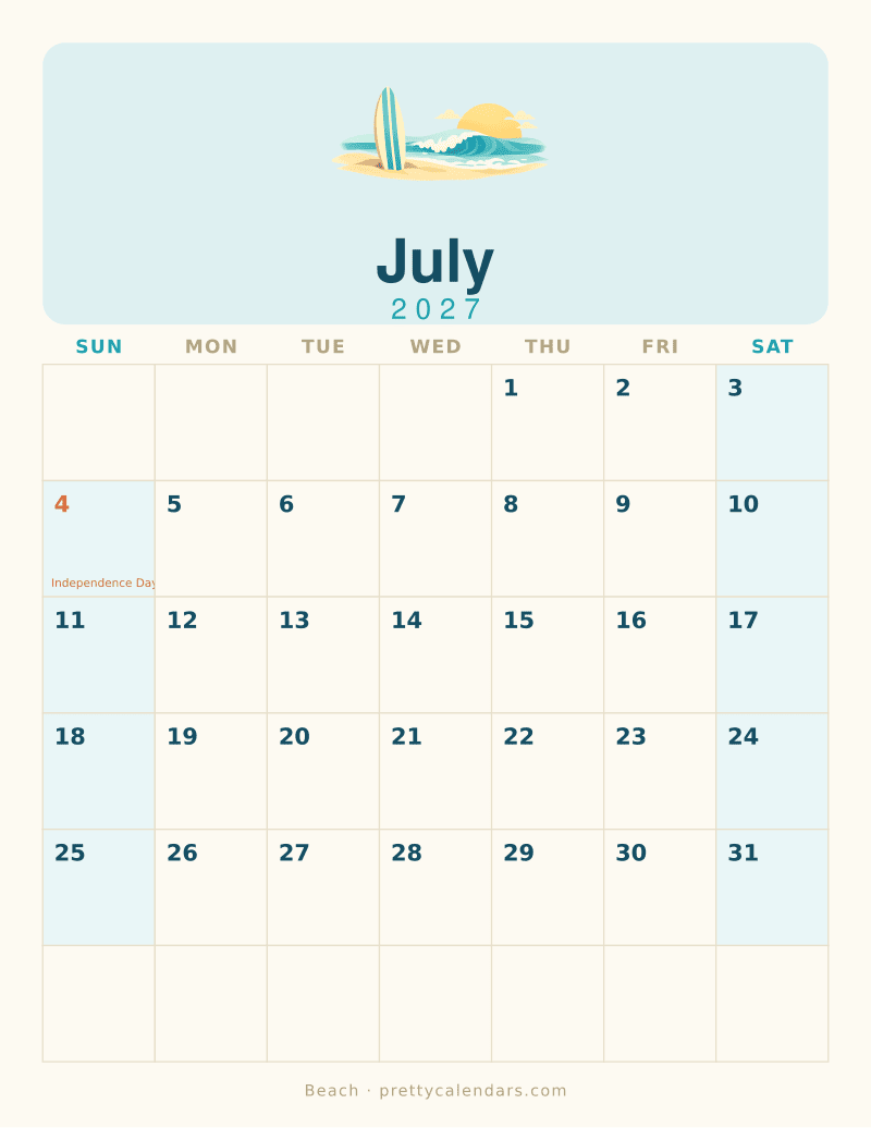 July 2027 printable calendar, Beach style