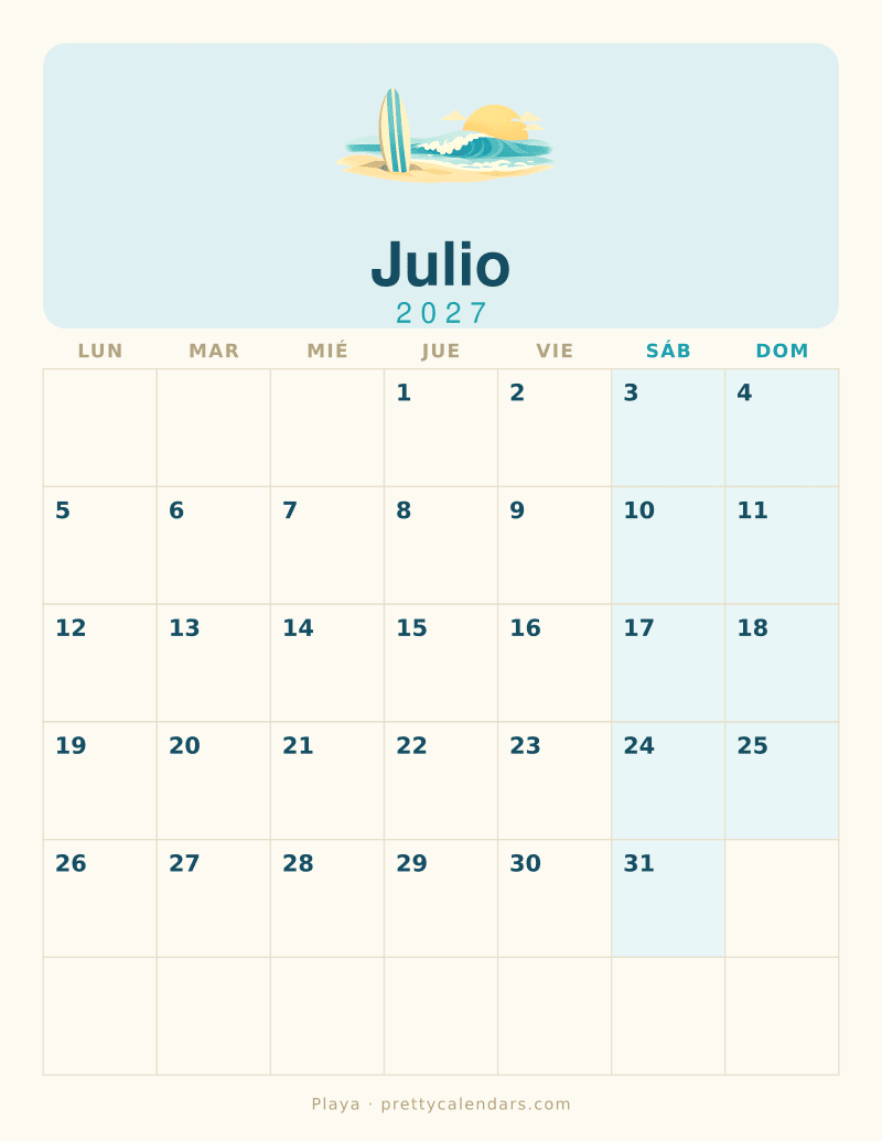 Calendario de Julio 2027 para imprimir, estilo Playa