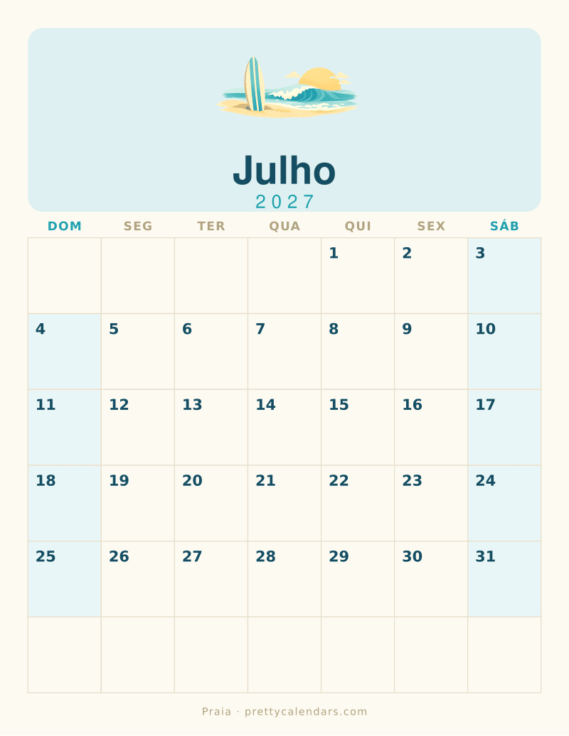 Calendário de Julho de 2027 para imprimir, estilo Praia