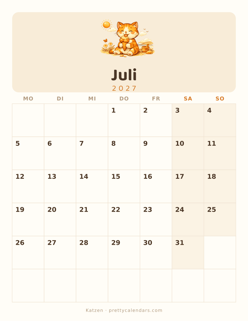 Druckbarer Kalender Juli 2027, Design Katzen