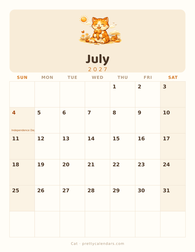 July 2027 printable calendar, Cat style
