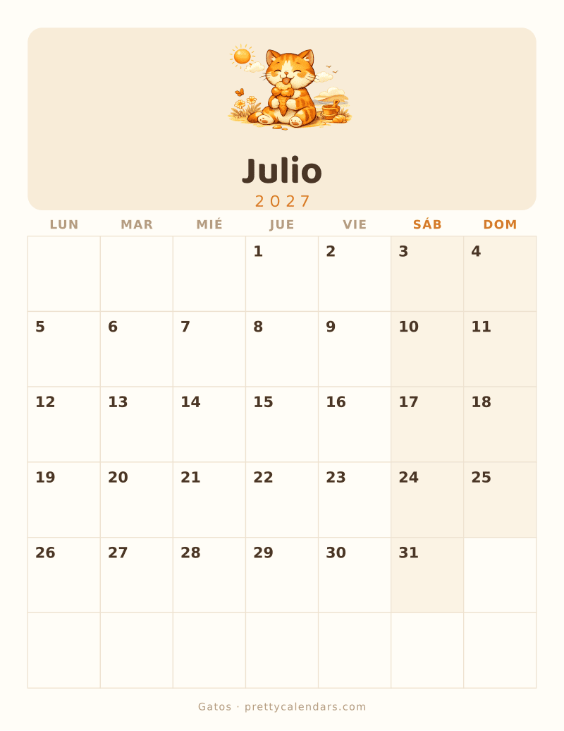 Calendario de Julio 2027 para imprimir, estilo Gatos