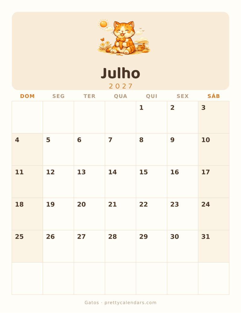 Calendário de Julho de 2027 para imprimir, estilo Gatos