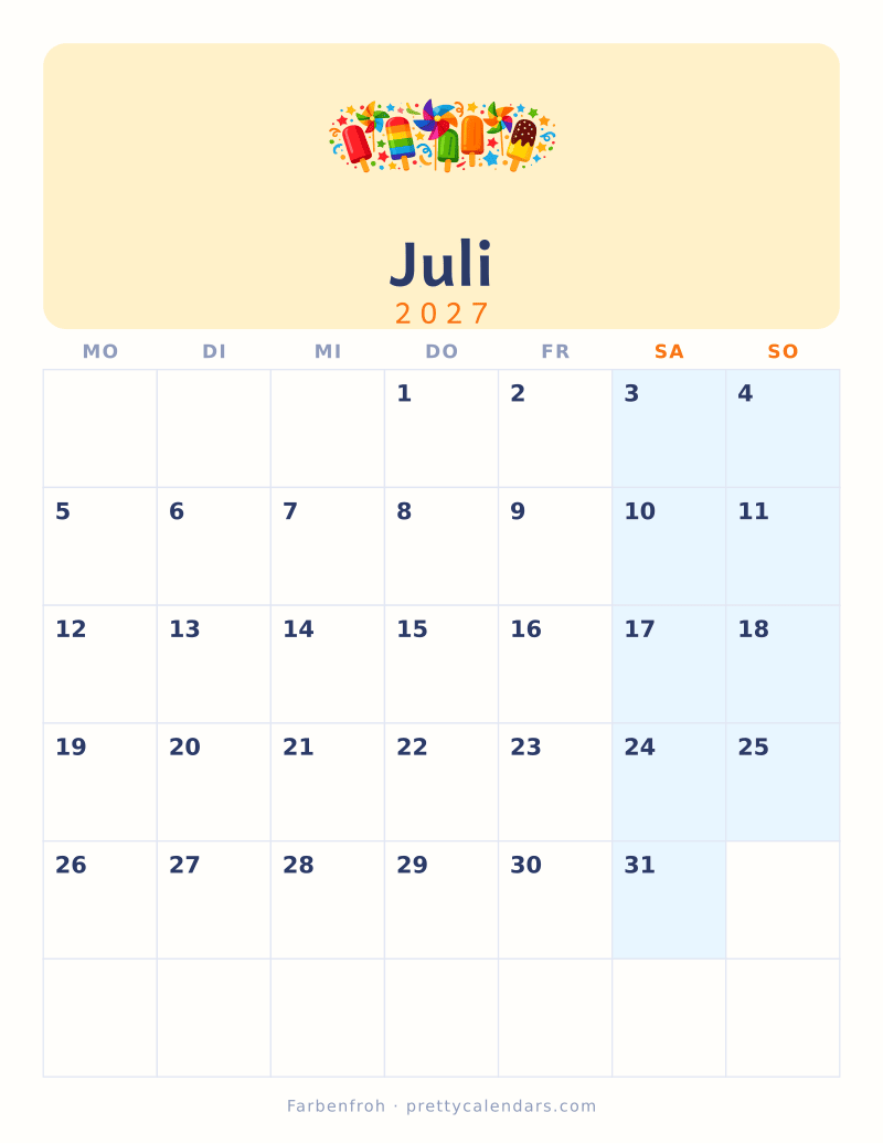 Druckbarer Kalender Juli 2027, Design Farbenfroh