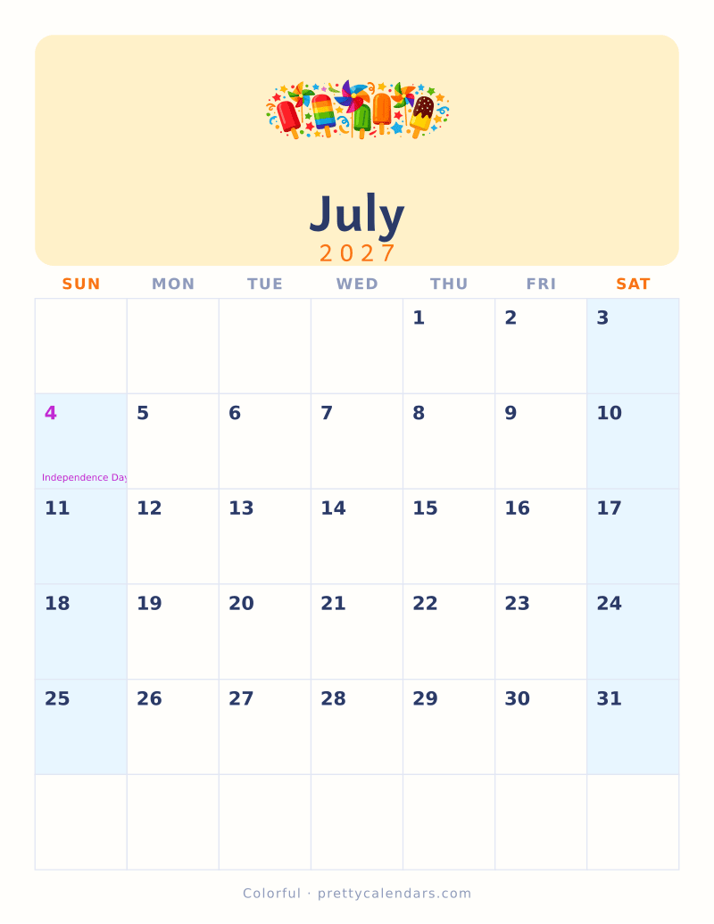 July 2027 printable calendar, Colorful style