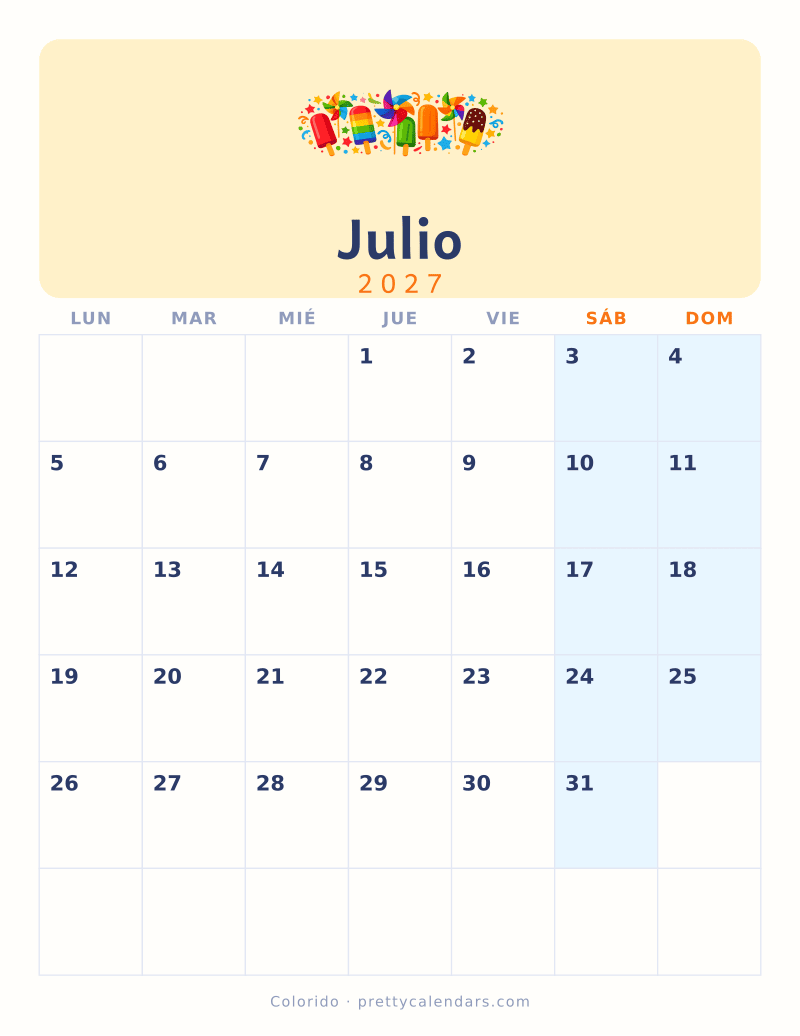 Calendario de Julio 2027 para imprimir, estilo Colorido