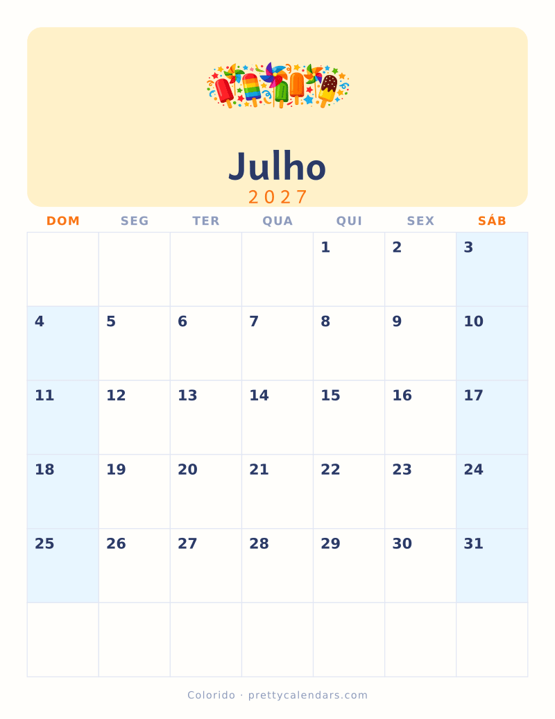 Calendário de Julho de 2027 para imprimir, estilo Colorido