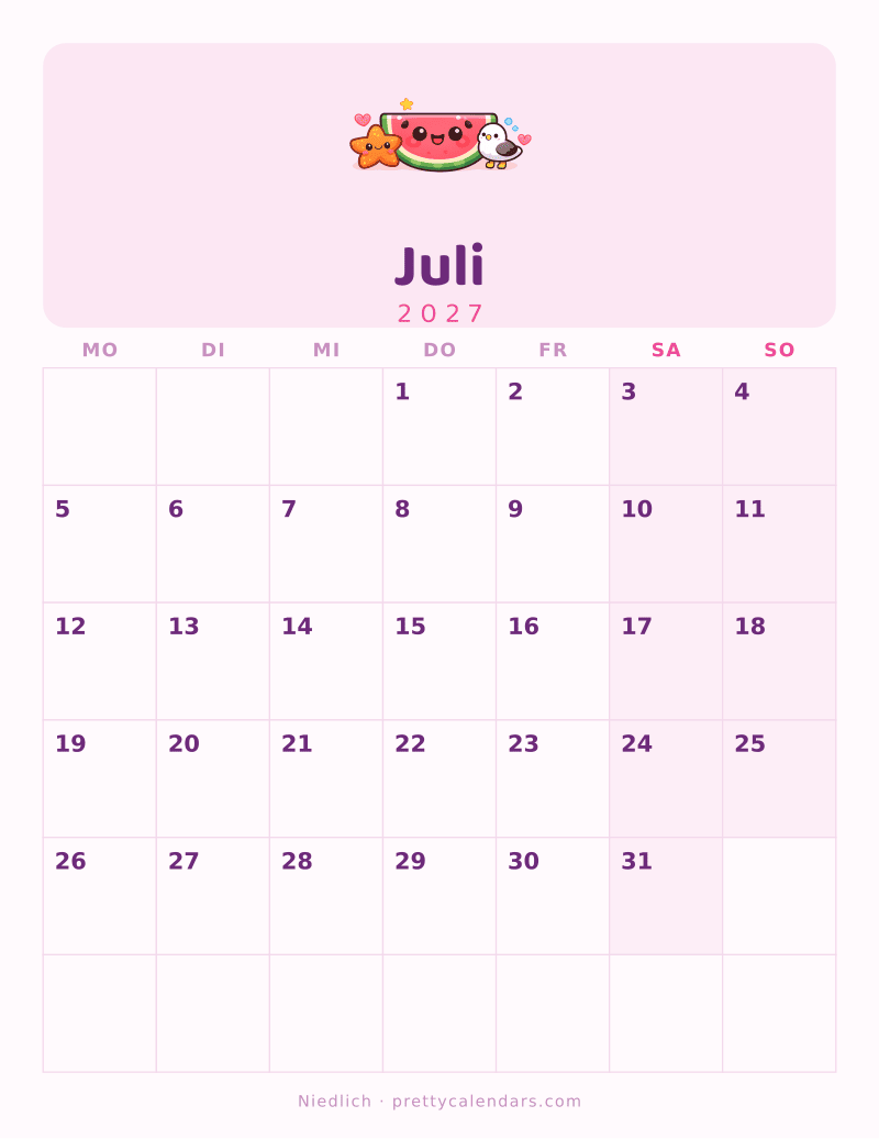 Druckbarer Kalender Juli 2027, Design Niedlich