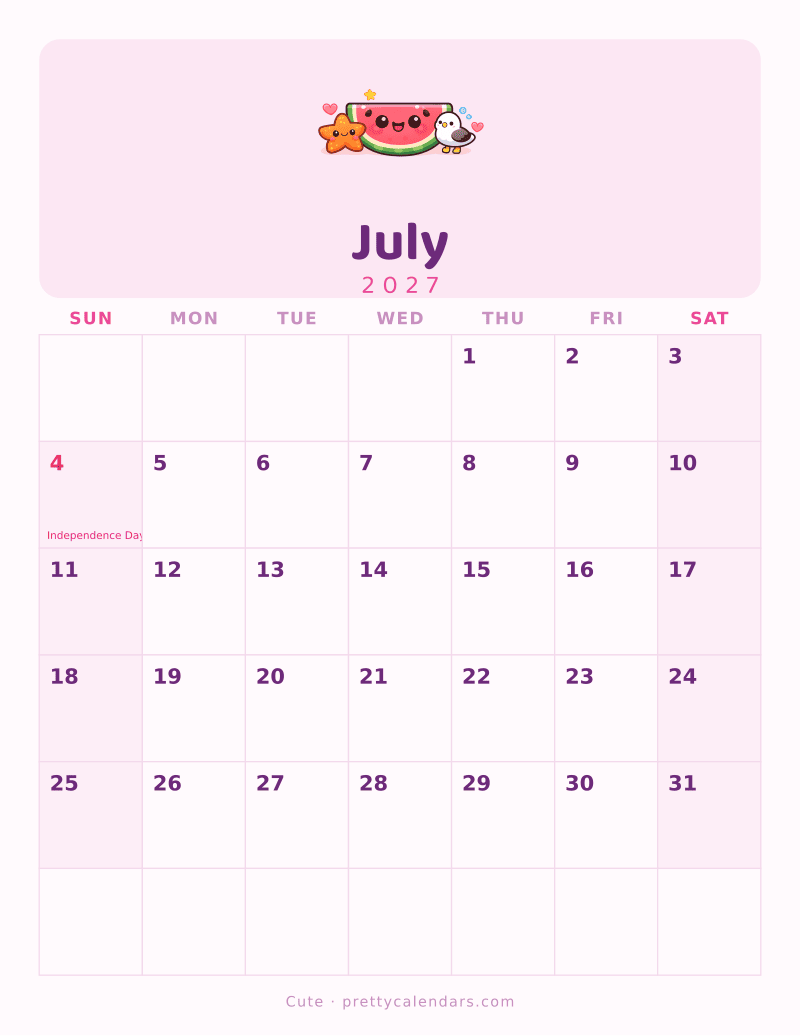 July 2027 printable calendar, Cute style