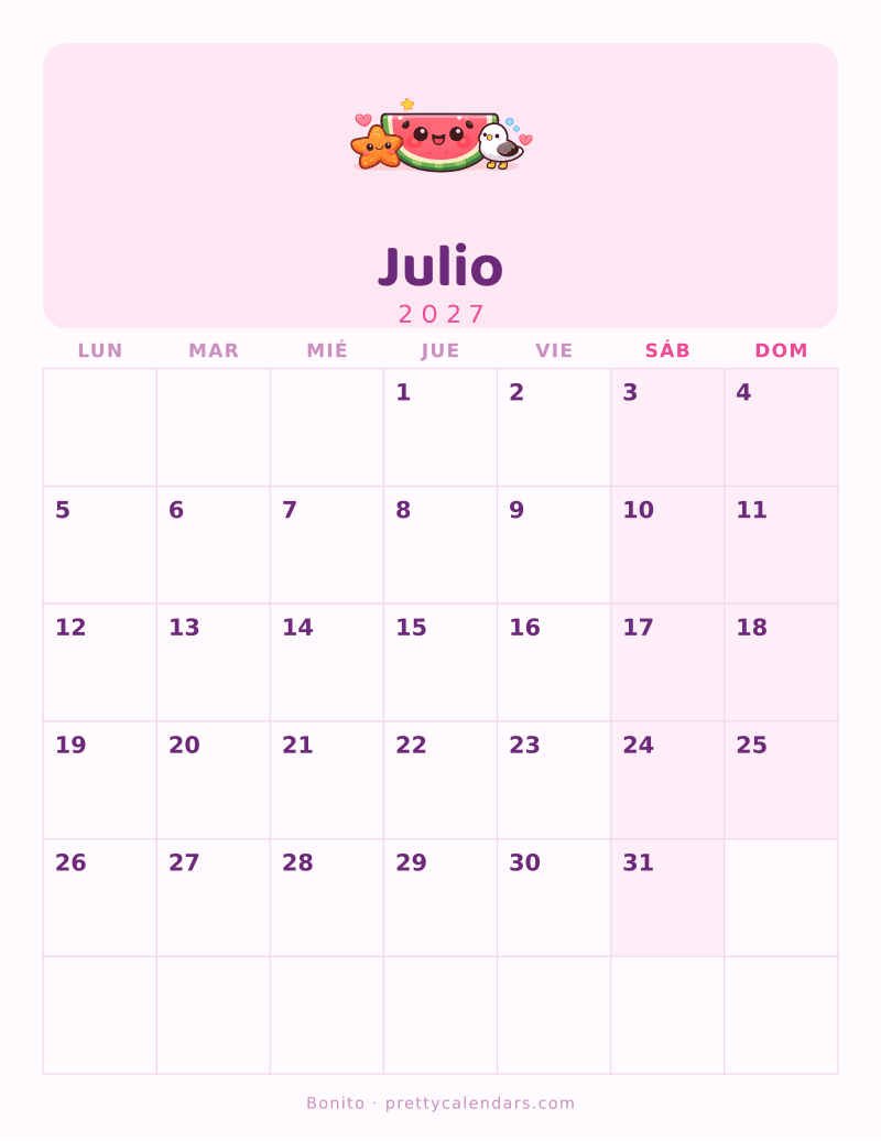 Calendario de Julio 2027 para imprimir, estilo Bonito