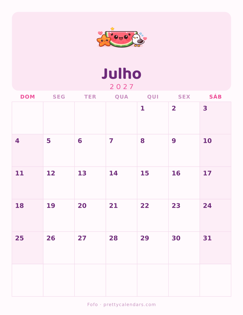 Calendário de Julho de 2027 para imprimir, estilo Fofo