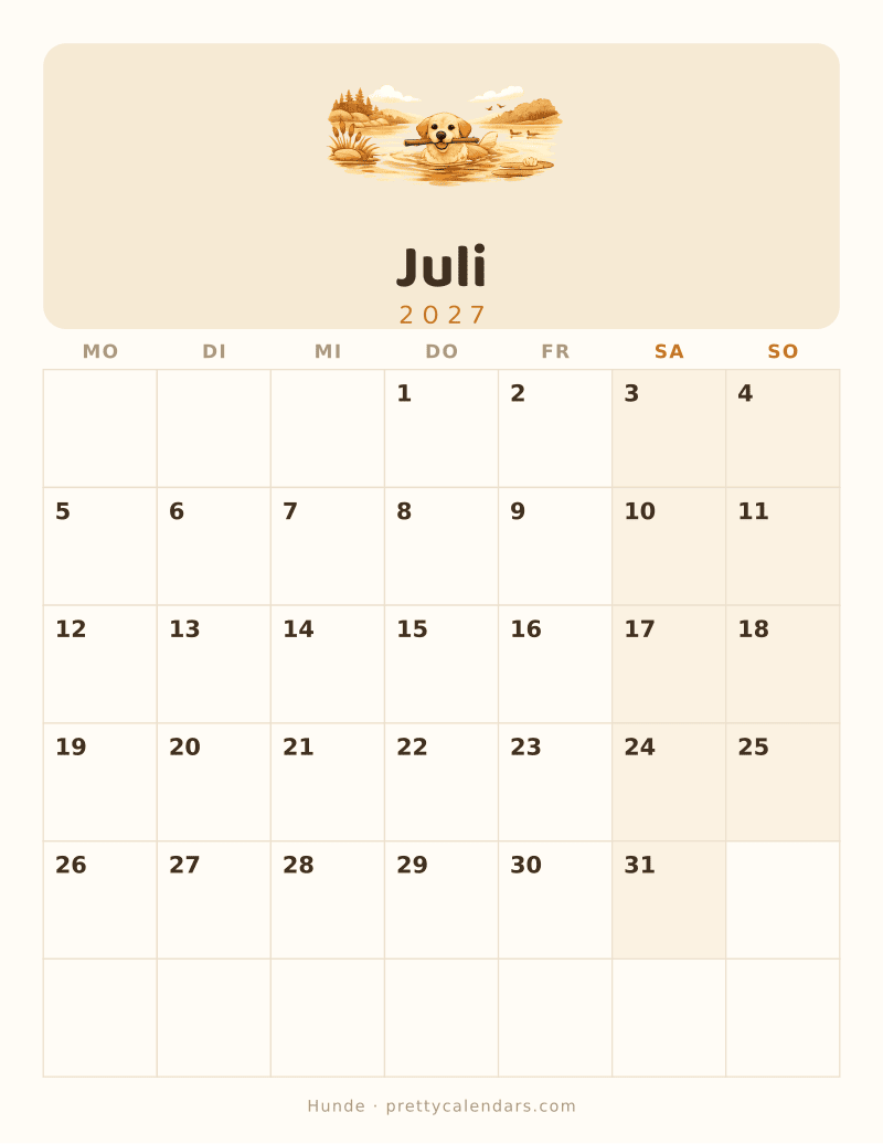 Druckbarer Kalender Juli 2027, Design Hunde