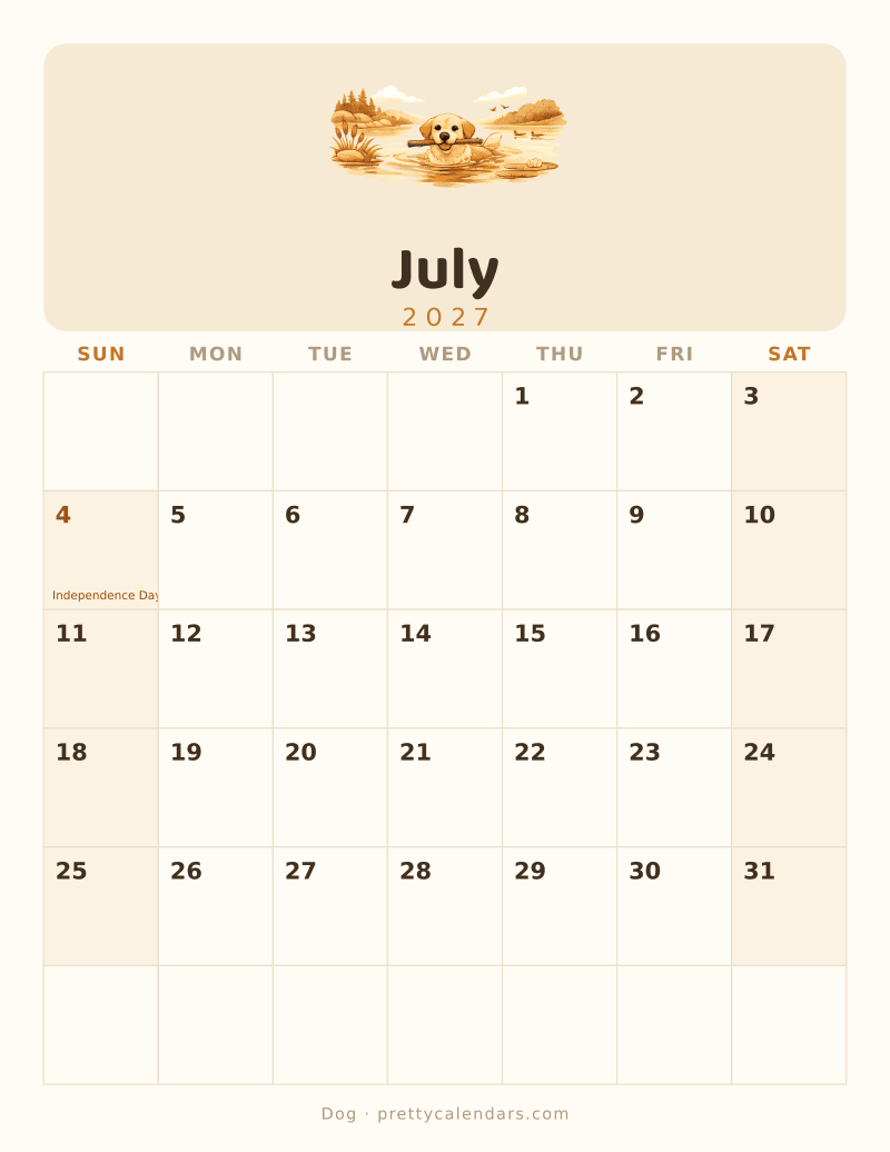 July 2027 printable calendar, Dog style