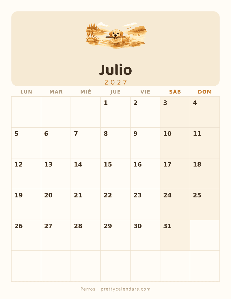 Calendario de Julio 2027 para imprimir, estilo Perros