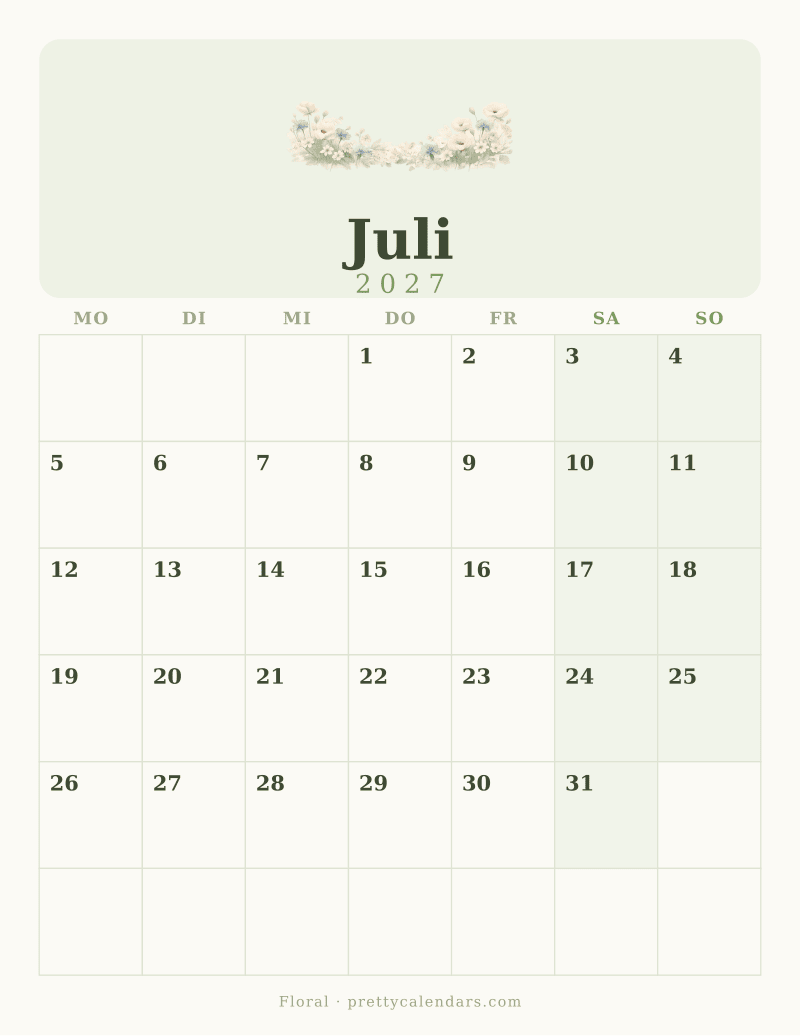 Druckbarer Kalender Juli 2027, Design Floral