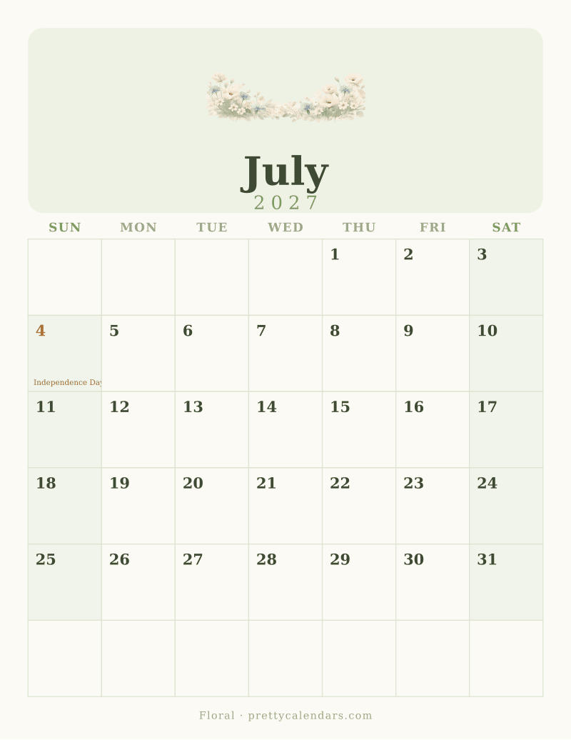 July 2027 printable calendar, Floral style