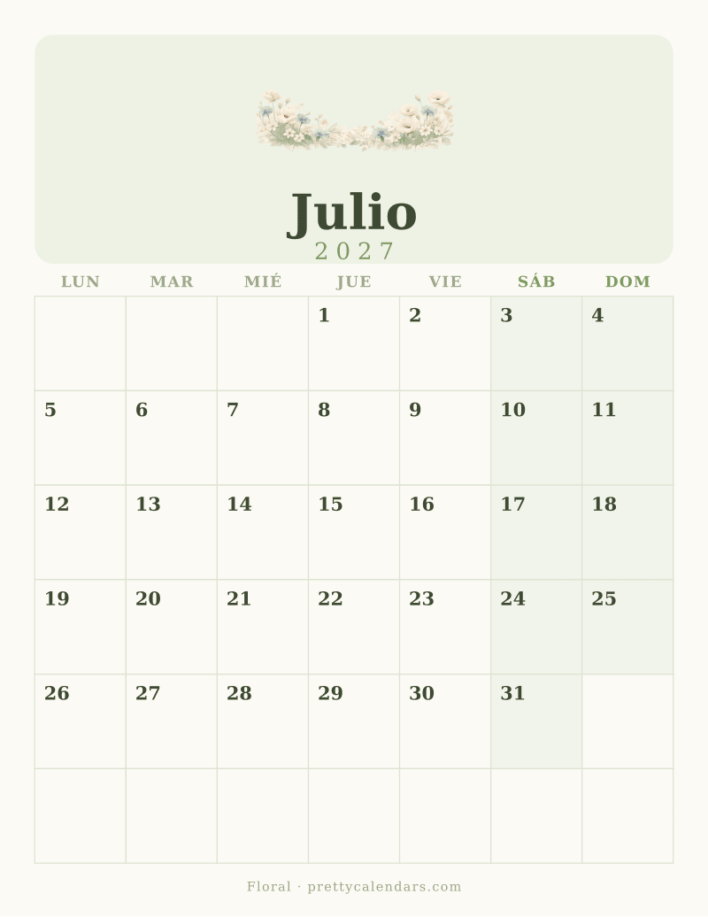 Calendario de Julio 2027 para imprimir, estilo Floral