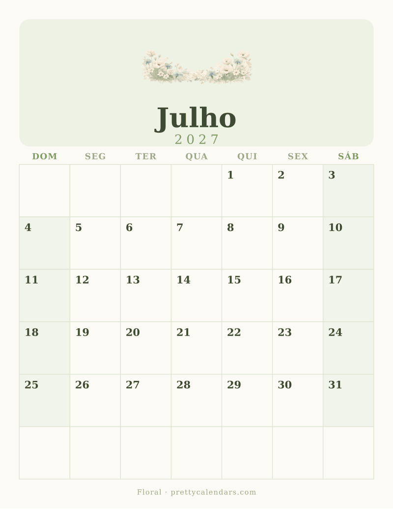 Calendário de Julho de 2027 para imprimir, estilo Floral