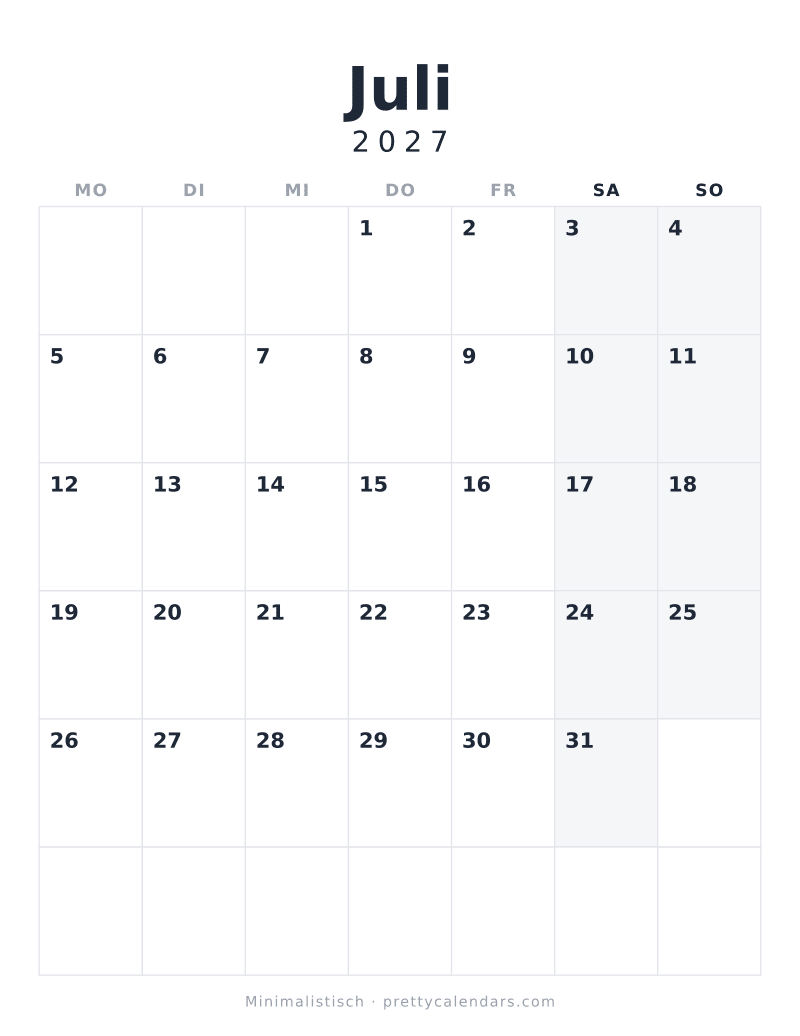 Druckbarer Kalender Juli 2027, Design Minimalistisch