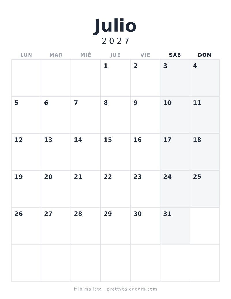 Calendario de Julio 2027