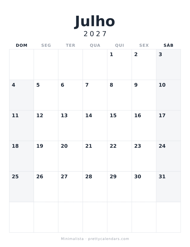 Calendário de Julho de 2027 para imprimir, estilo Minimalista