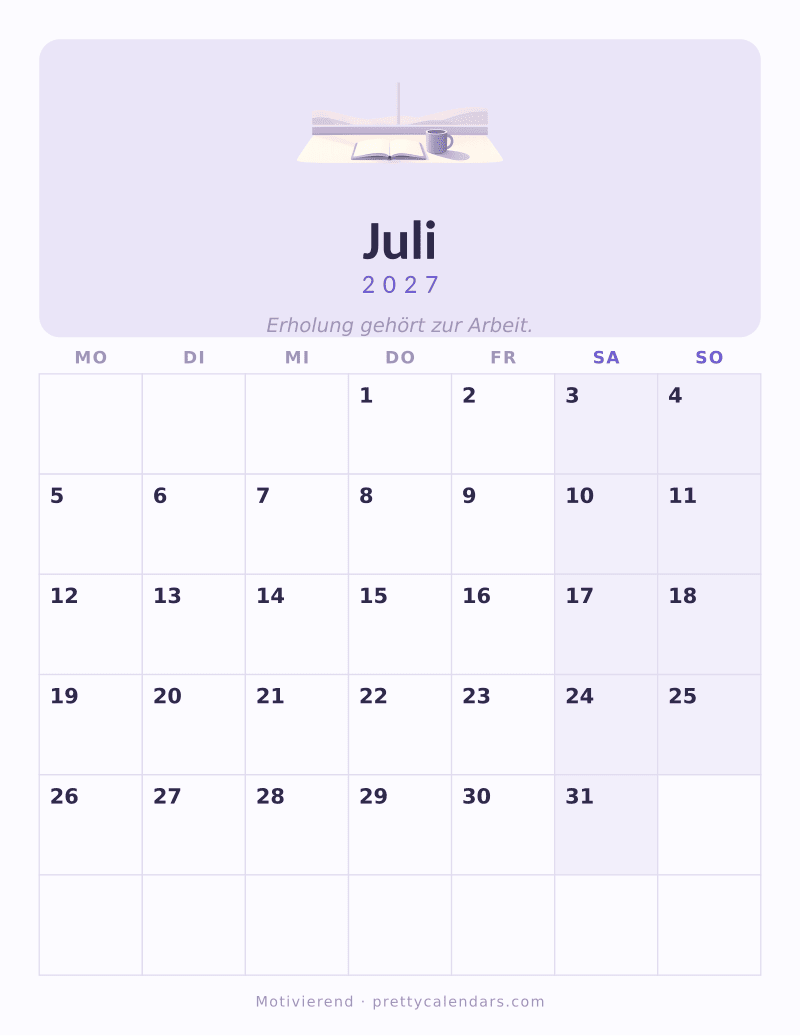 Druckbarer Kalender Juli 2027, Design Motivierend
