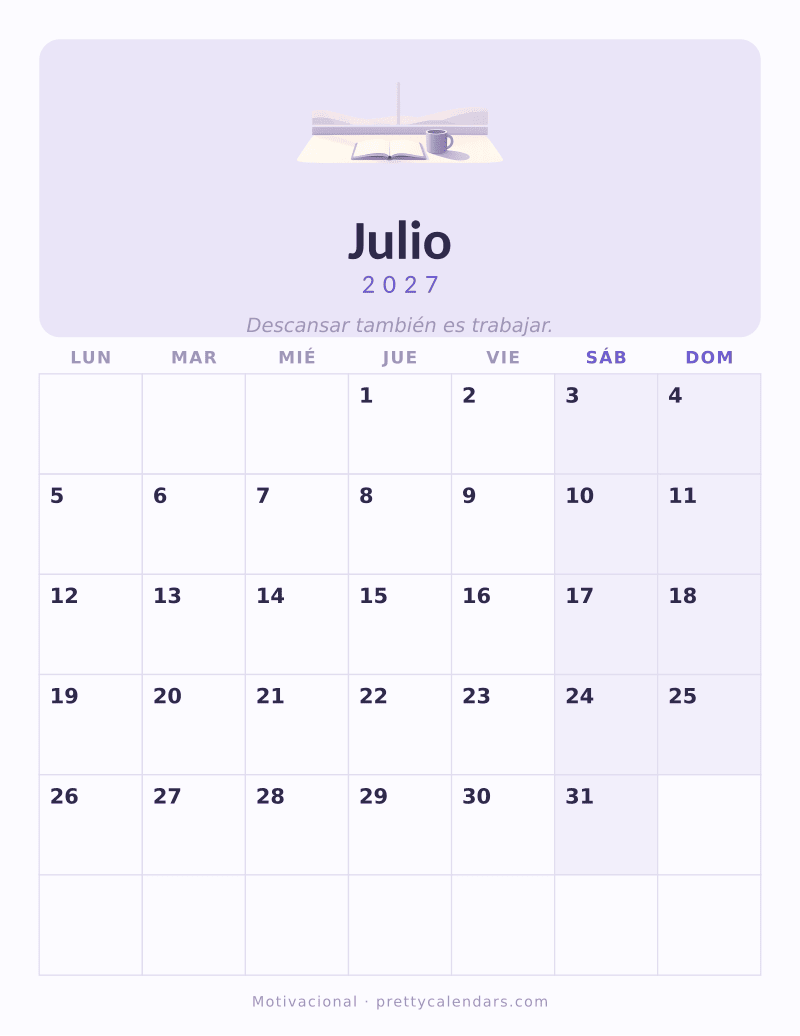 Calendario de Julio 2027 para imprimir, estilo Motivacional