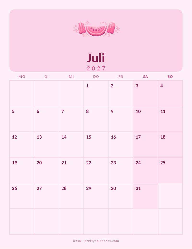 Druckbarer Kalender Juli 2027, Design Rosa
