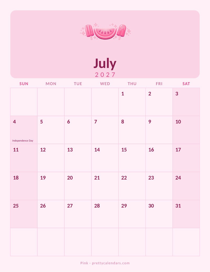 July 2027 printable calendar, Pink style