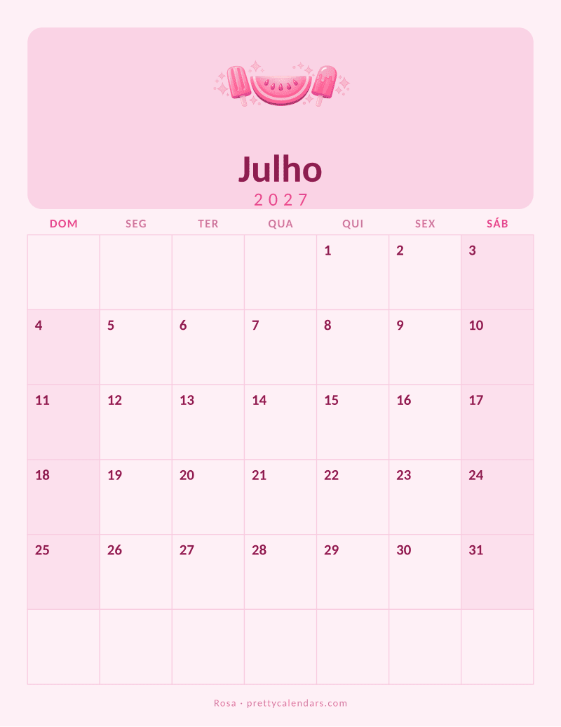 Calendário de Julho de 2027 para imprimir, estilo Rosa