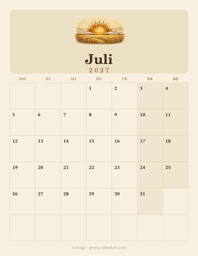 Druckbarer Kalender Juli 2027, Design Vintage