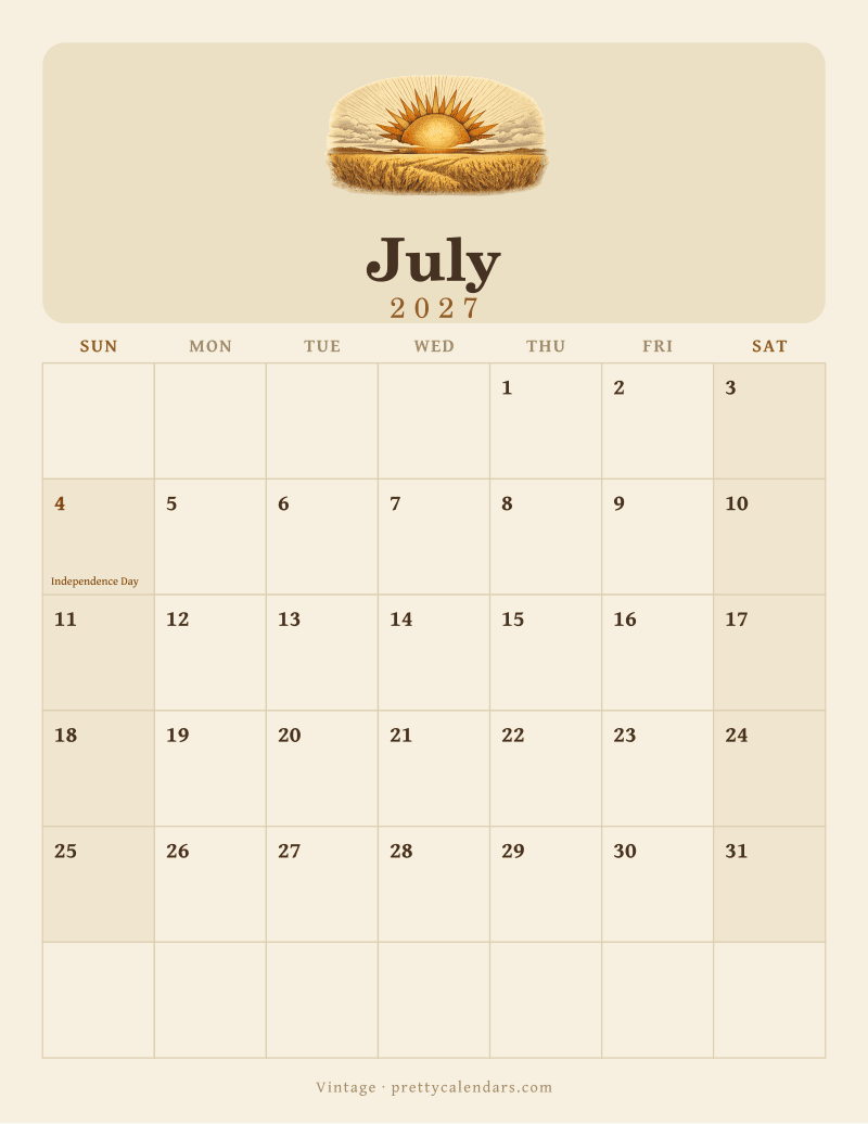 July 2027 printable calendar, Vintage style