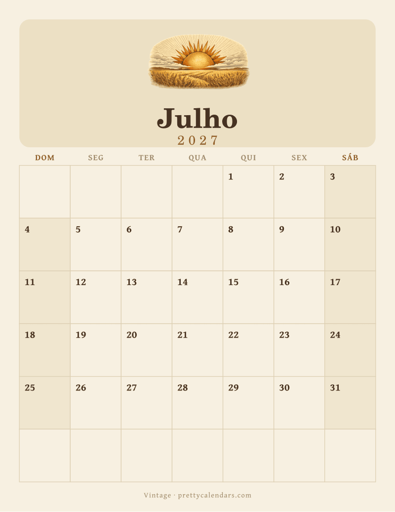 Calendário de Julho de 2027 para imprimir, estilo Vintage