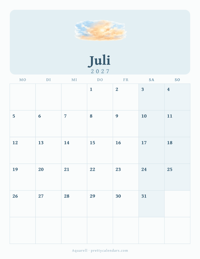 Druckbarer Kalender Juli 2027, Design Aquarell