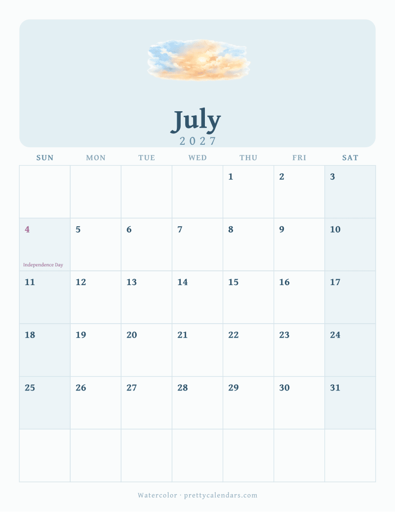 July 2027 printable calendar, Watercolor style