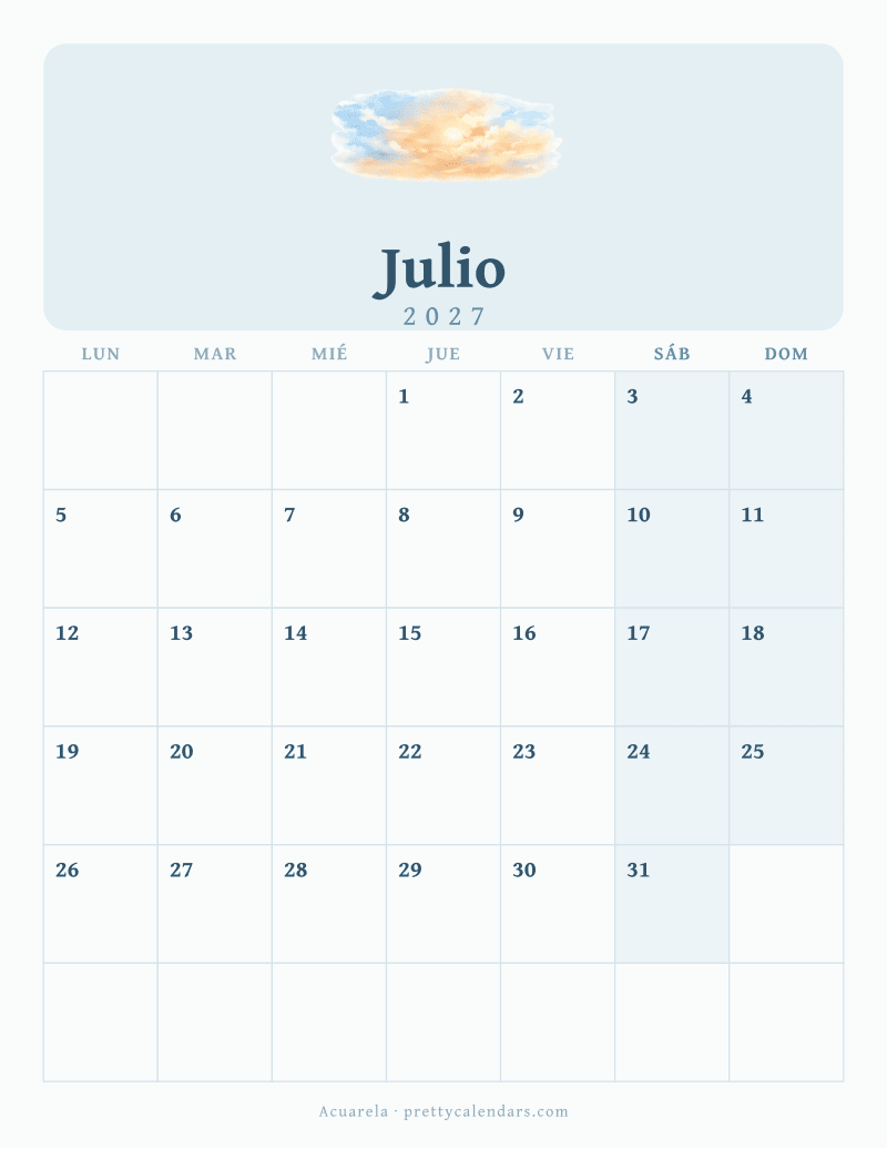 Calendario de Julio 2027 para imprimir, estilo Acuarela