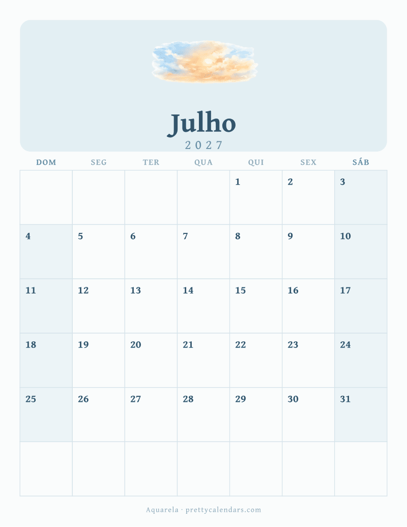 Calendário de Julho de 2027 para imprimir, estilo Aquarela