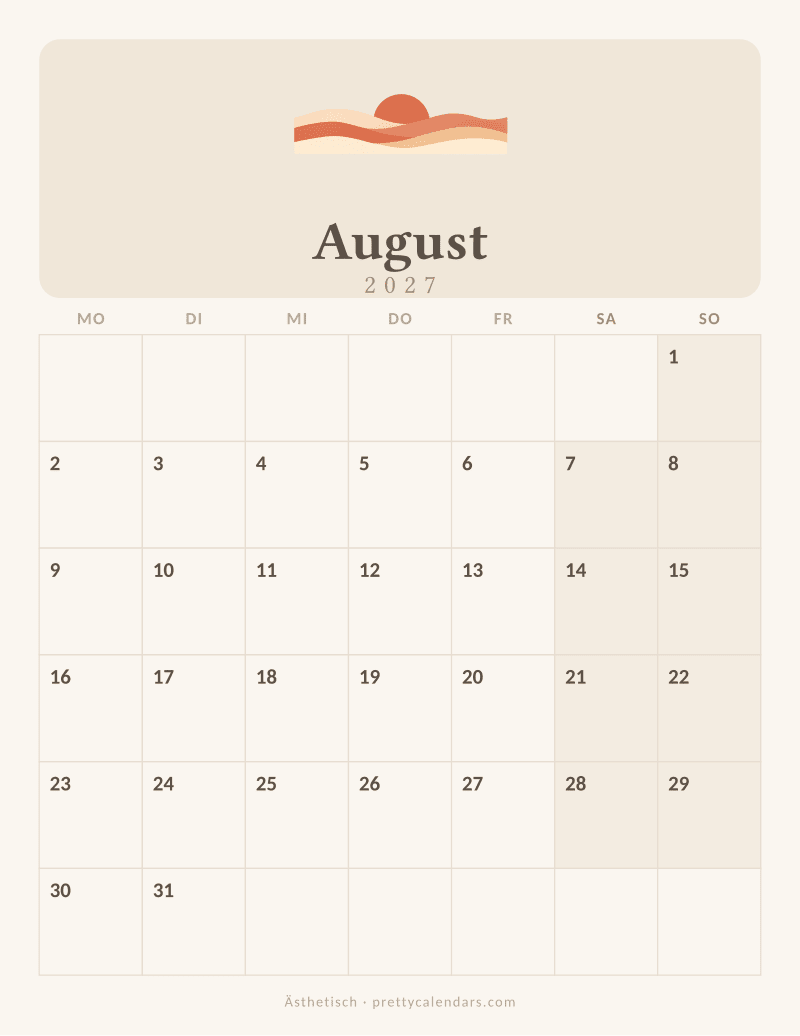 Druckbarer Kalender August 2027, Design Ästhetisch